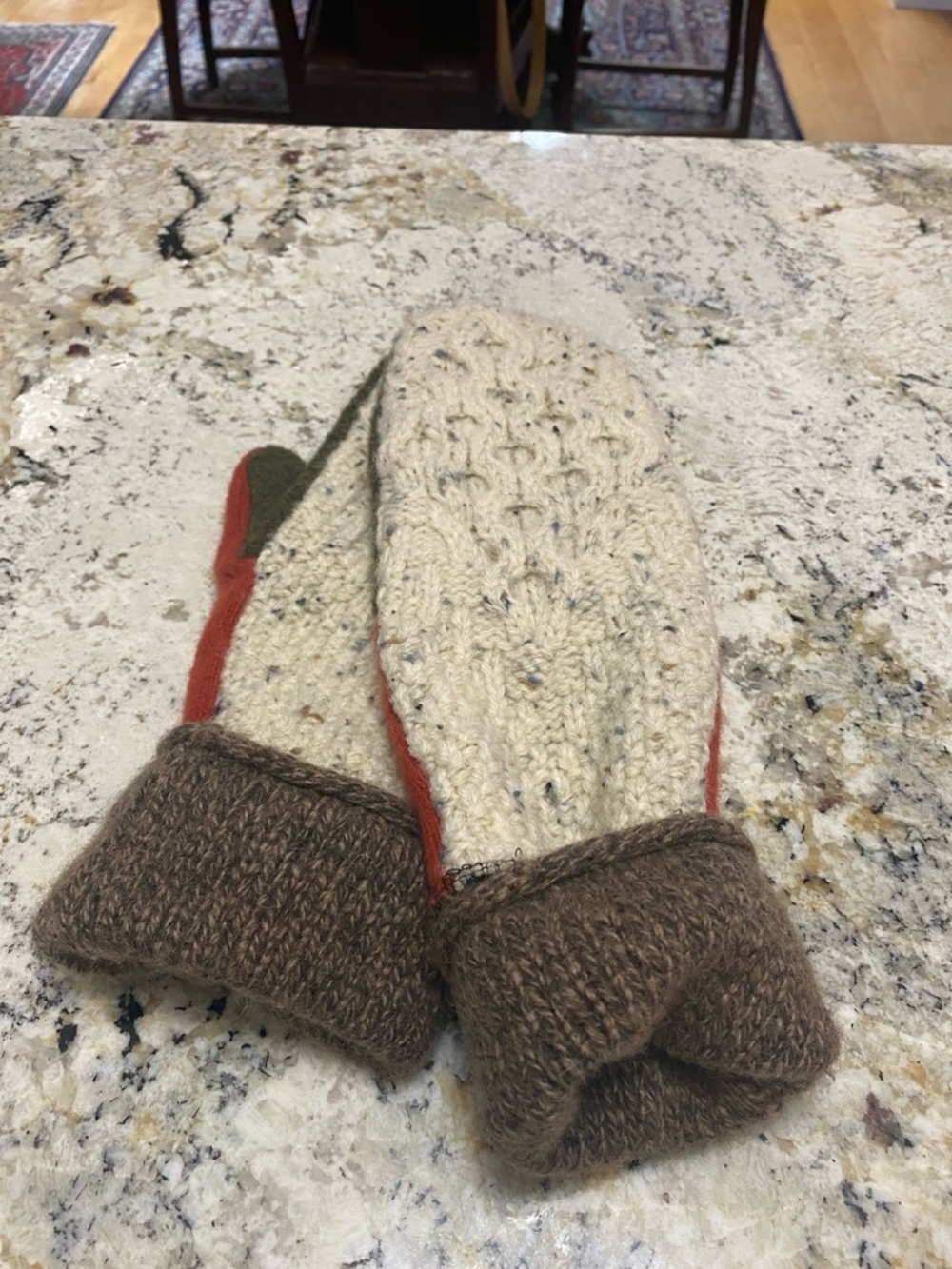 Handknit Cable Wool Mittens in Cream, Brown & Olive
